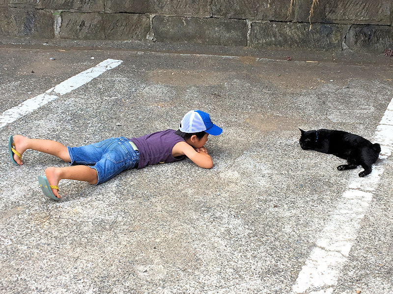 黒猫シャチョーとにらめっこする少年。